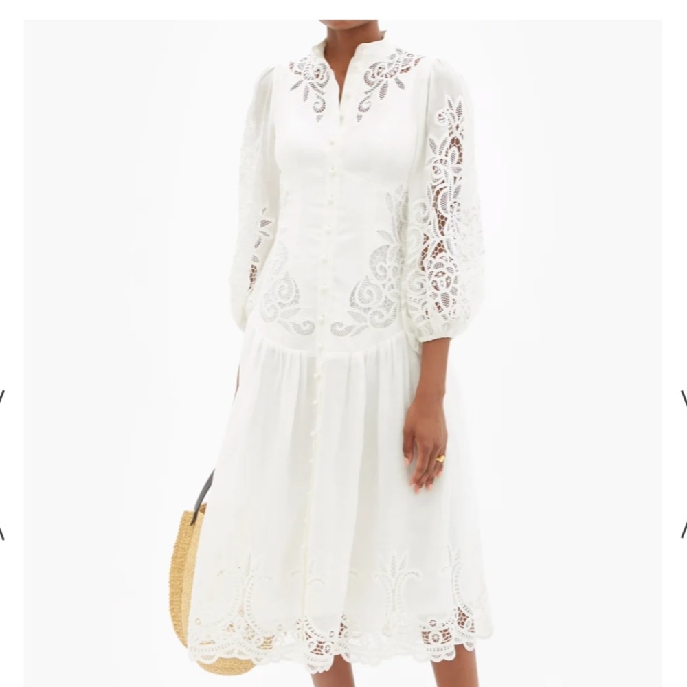 ZIMMERMANN
Mae lace-appliqué ramie-blend midi dress NWT 6
